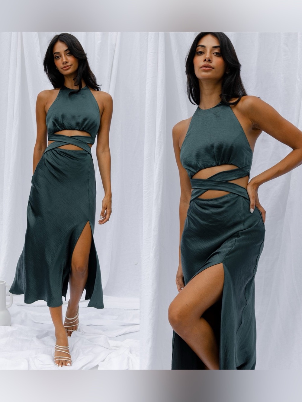 nwt SELFIE LESLIE Forest Green CUT OUT GOWN Small high slit gown bias cut satin
